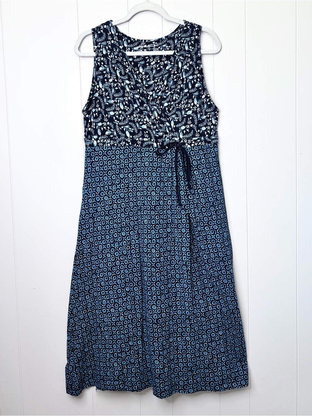 Eddie Bauer Navy Blue Mixed-Print Sleeveless Midi Dress 100% Cotton Large